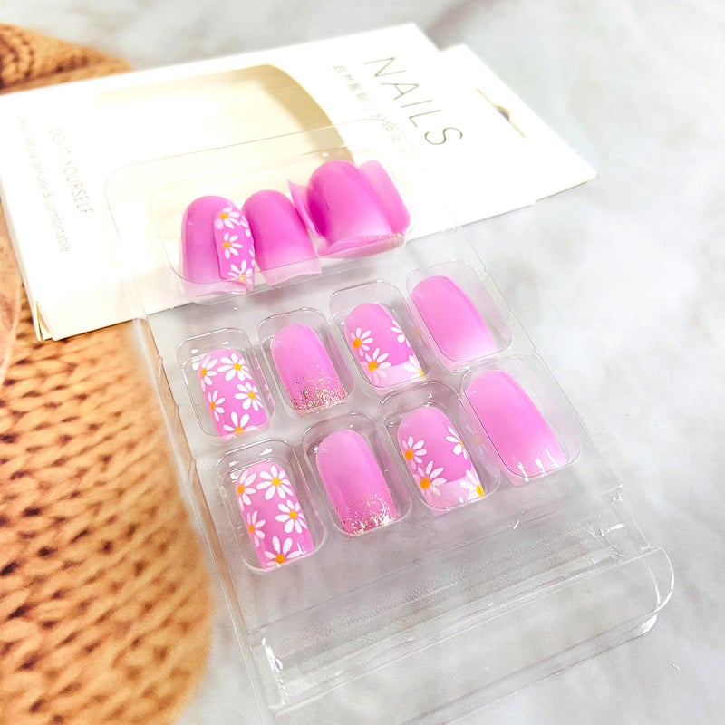Vopintpy White Flower French Tip Press on Nails Square Medium Length Fake Nails Pink Gradient False Nails with Glitter Design Glossy Full Cover Artificial Nails Reusable Stick on Nails Glue on Nails for Women - Image 4